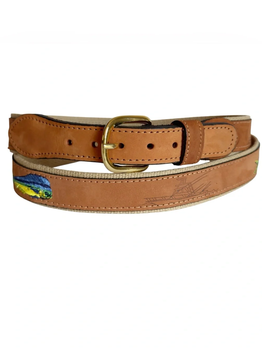 Zep-Pro Dolphin Mahi-Mahi Embroidered Nubuck Tan Leather Men’s 46 Belt USA